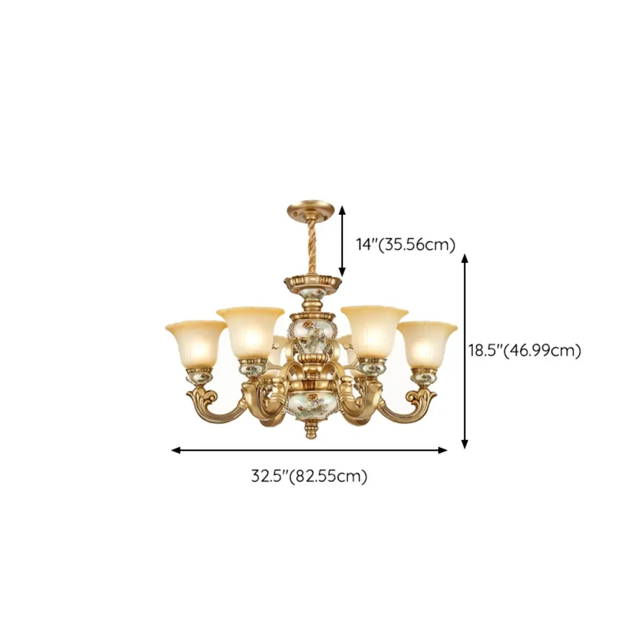 Lampadario in ceramica color oro antico con campane in vetro satinato