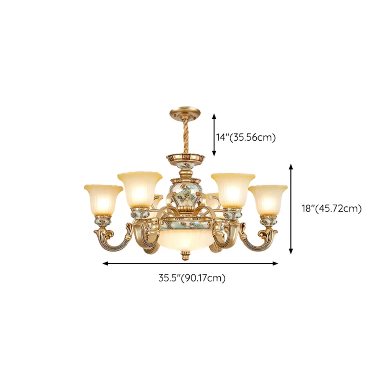 Lampadario in ceramica color oro antico con campane in vetro satinato