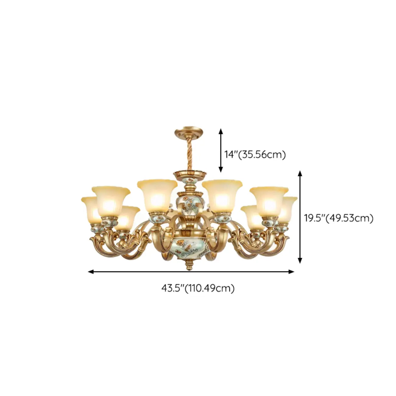 Lampadario in ceramica color oro antico con campane in vetro satinato