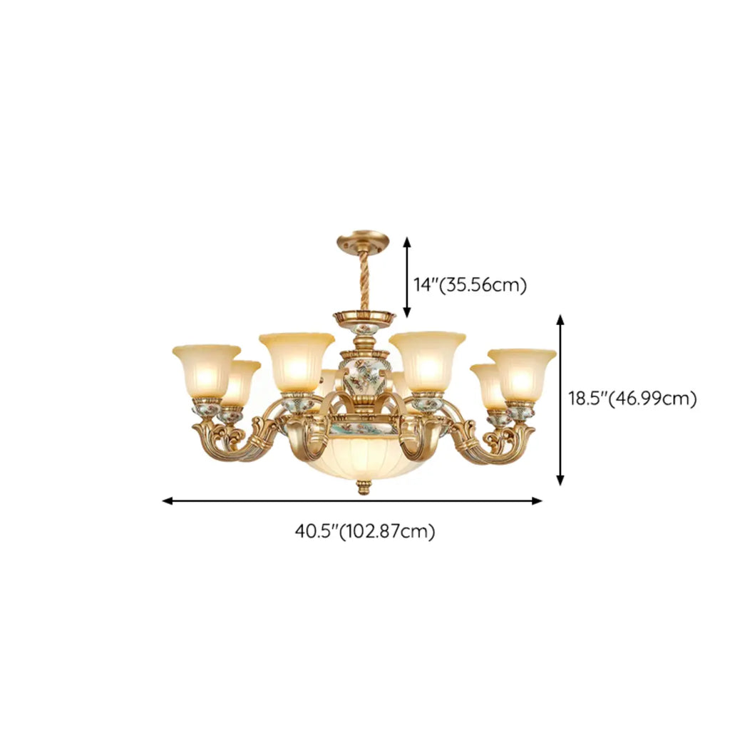 Lampadario in ceramica color oro antico con campane in vetro satinato