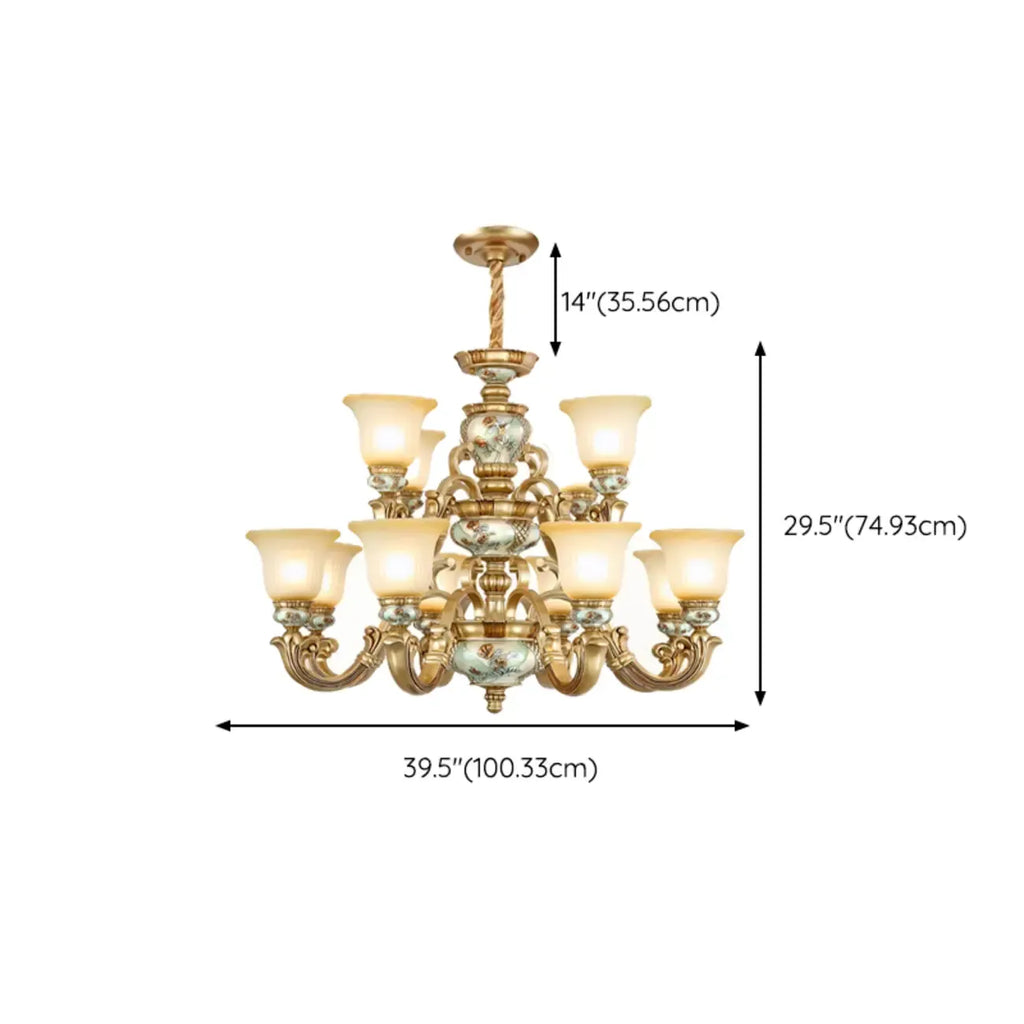 Lampadario in ceramica color oro antico con campane in vetro satinato