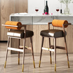Tabouret de bar en bois marron avec dossier et coussin