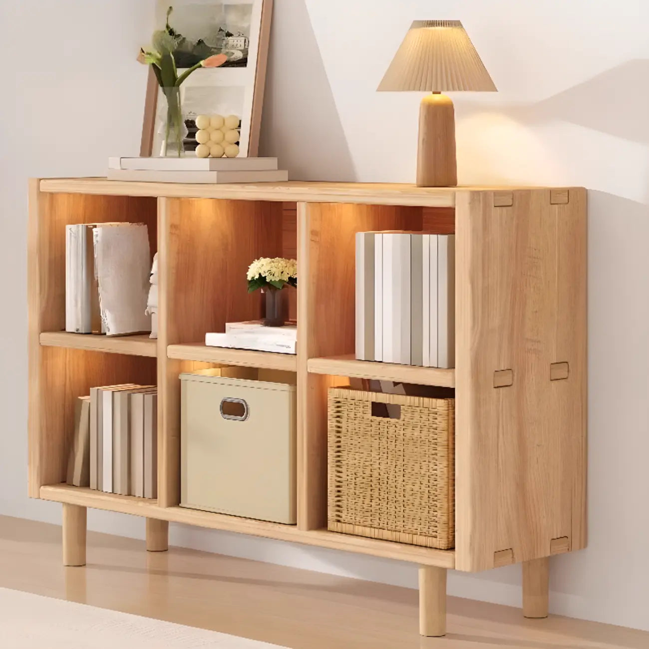 Étagère horizontale en bois naturel à 6 cubes