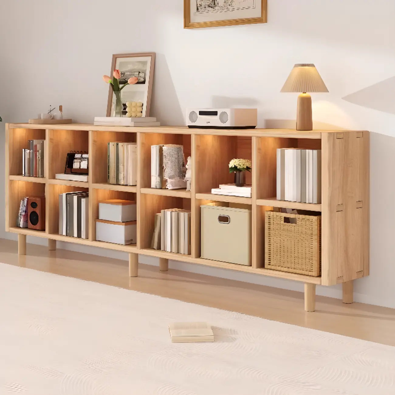 Étagère horizontale en bois naturel à 6 cubes