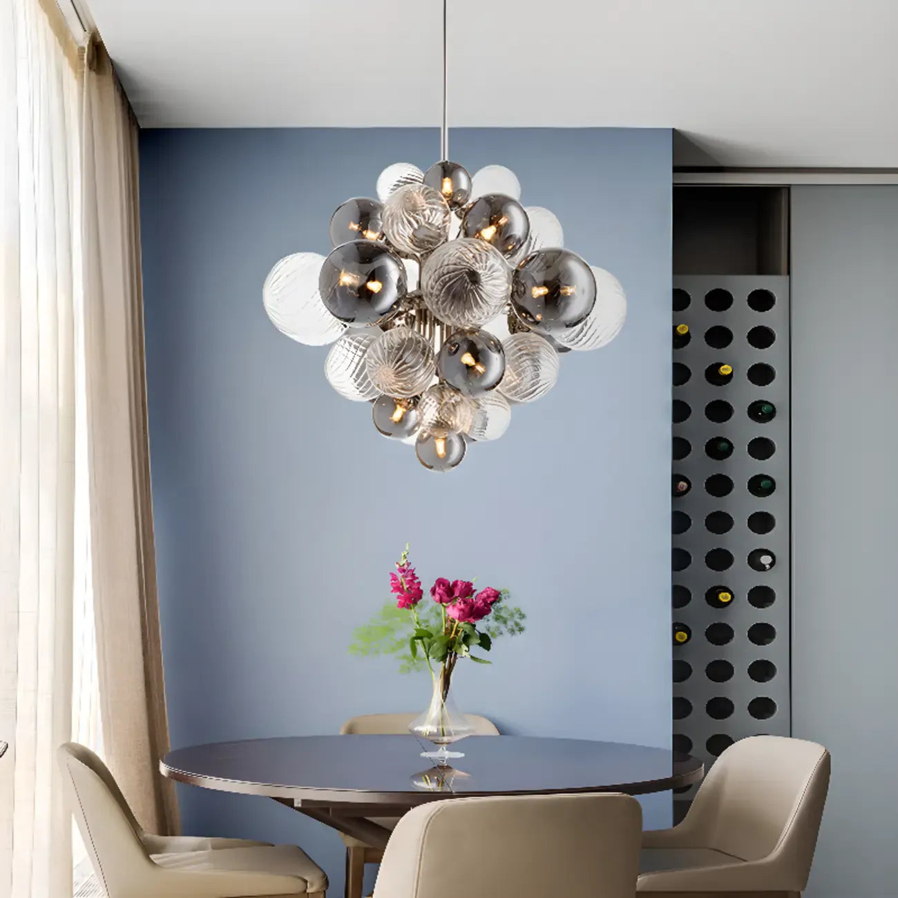 Lustre contemporain en verre gris à globes et grappes