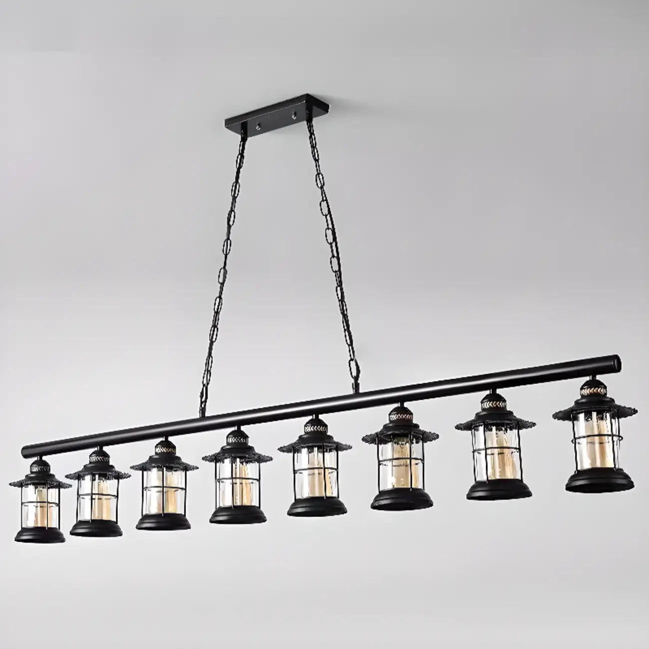 Lustre linéaire cylindrique noir rouille de style industriel rustique pour îlot de cuisine