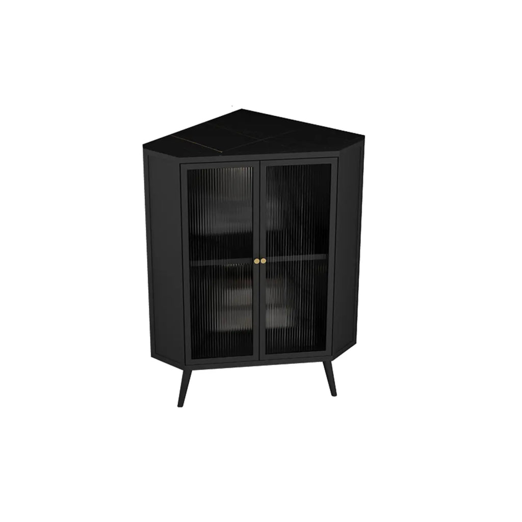 Meuble d'angle moderne avec plateau en pierre noire et porte en verre cannelé