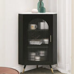 Élégant meuble d'angle en verre avec plateau en faux marbre blanc et noir.