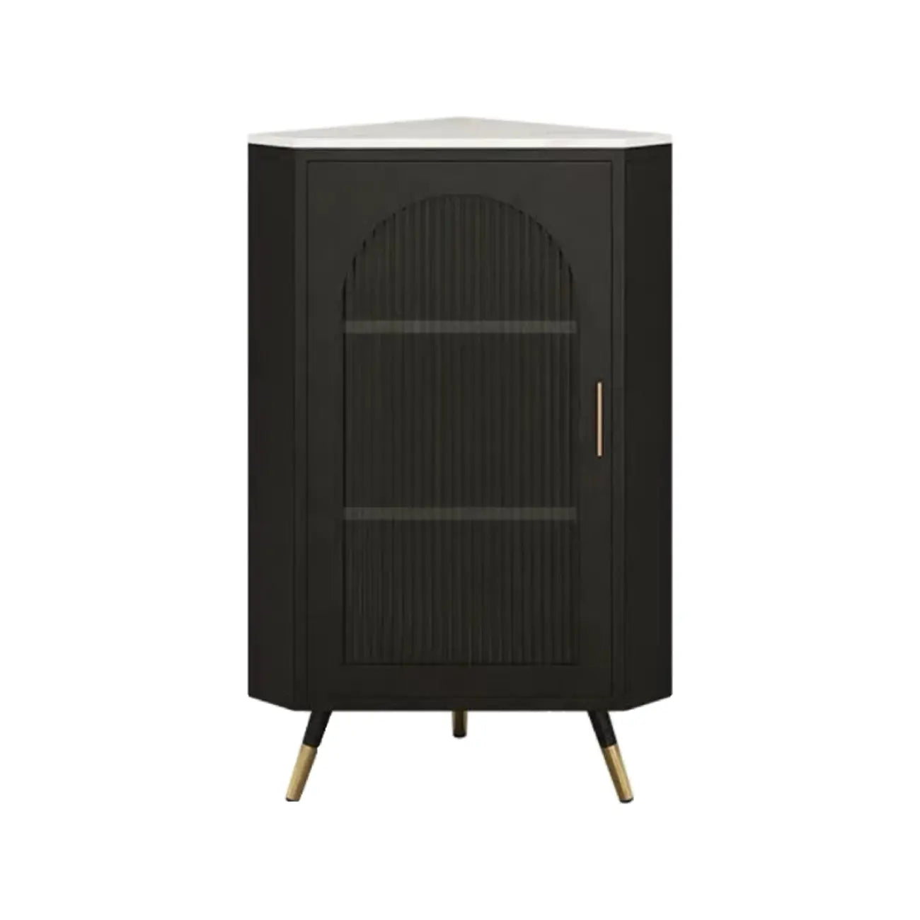 Élégant meuble d'angle en verre avec plateau en faux marbre blanc et noir.