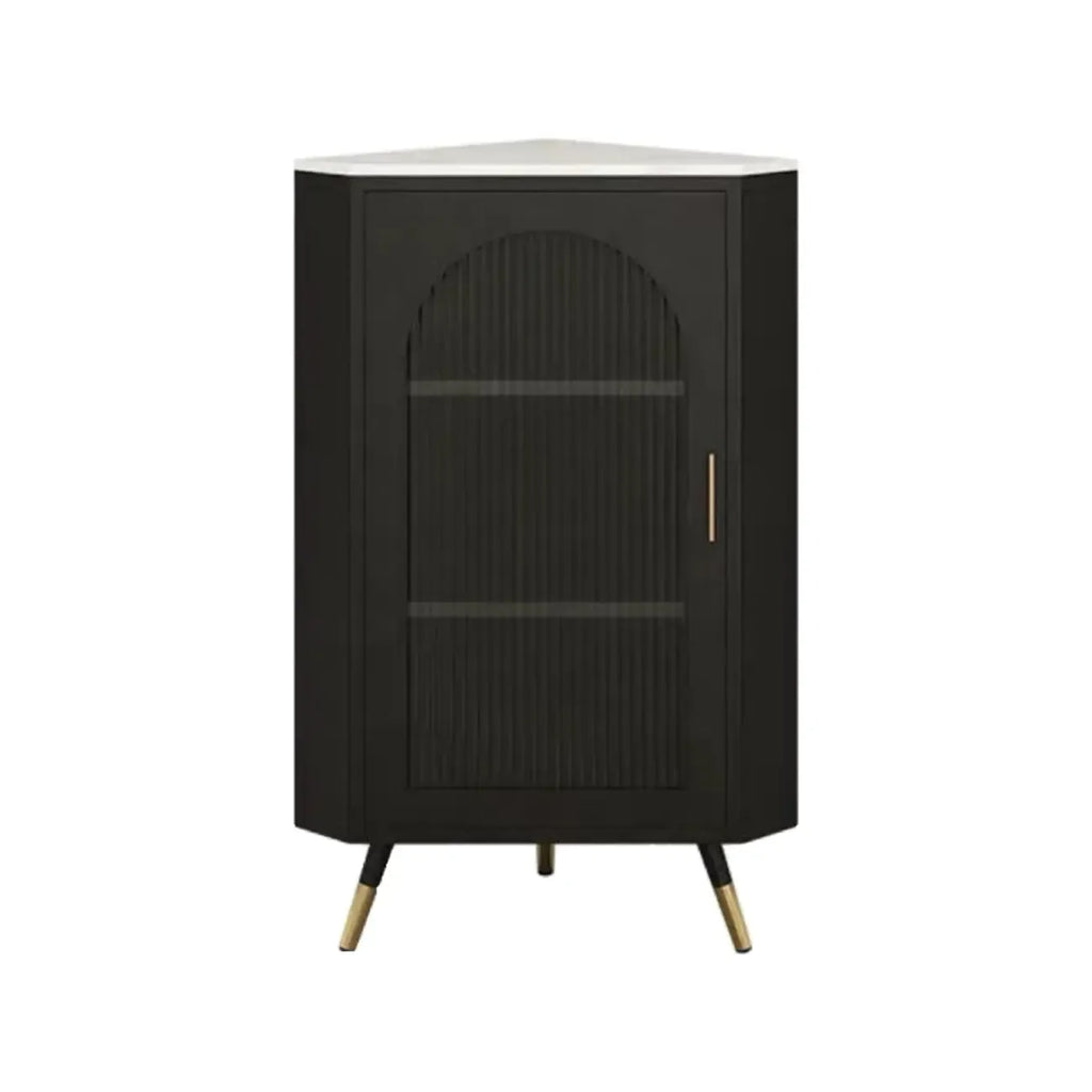 Élégant meuble d'angle en verre avec plateau en faux marbre blanc et noir.