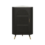 Élégant meuble d'angle en verre avec plateau en faux marbre blanc et noir.