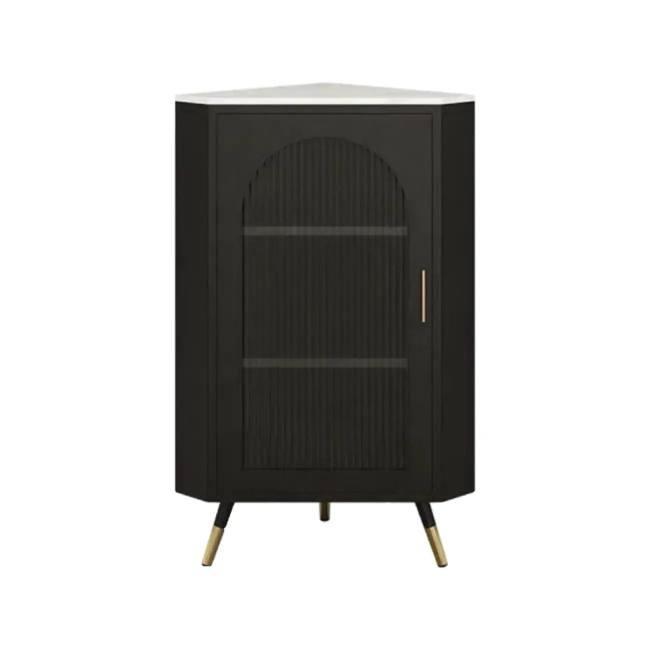 Élégant meuble d'angle en verre avec plateau en faux marbre blanc et noir.
