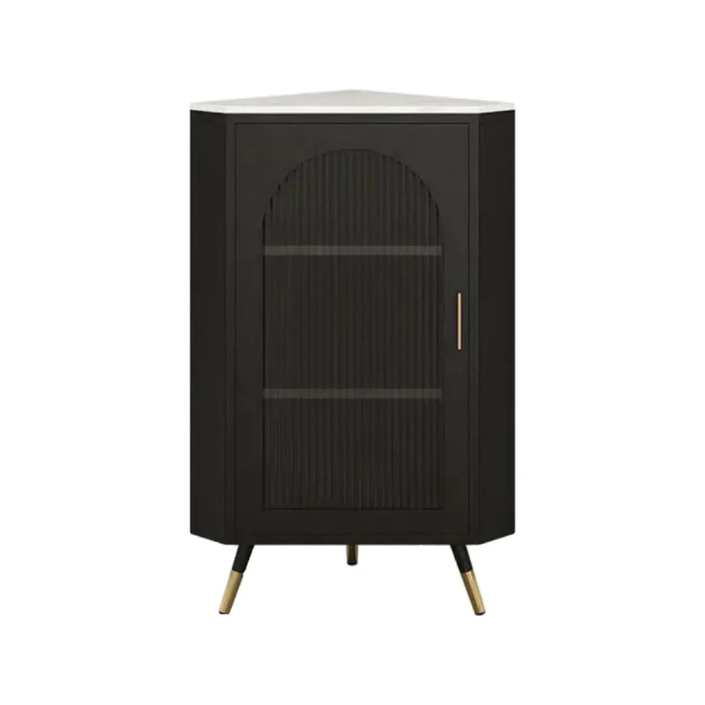 Élégant meuble d'angle en verre avec plateau en faux marbre blanc et noir.