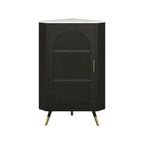 Élégant meuble d'angle en verre avec plateau en faux marbre blanc et noir.