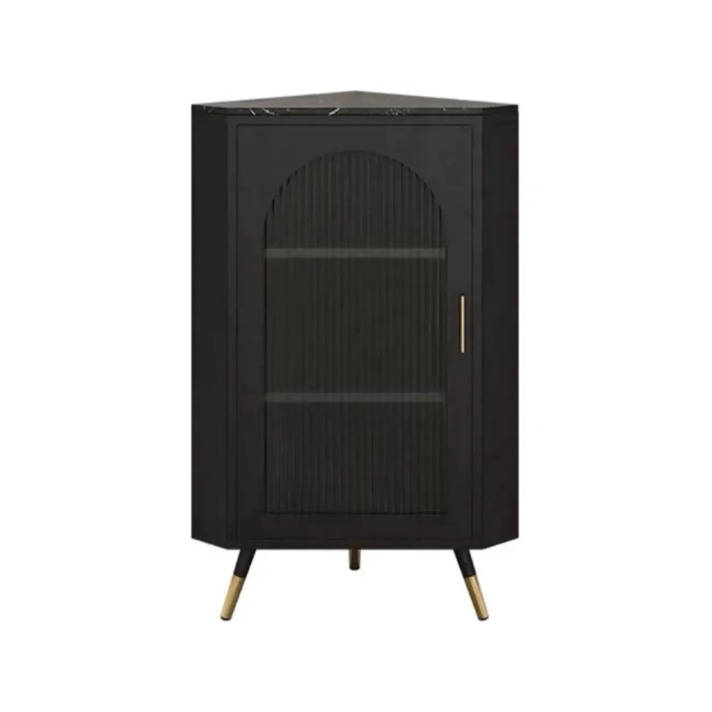 Élégant meuble d'angle en verre avec plateau en faux marbre blanc et noir.