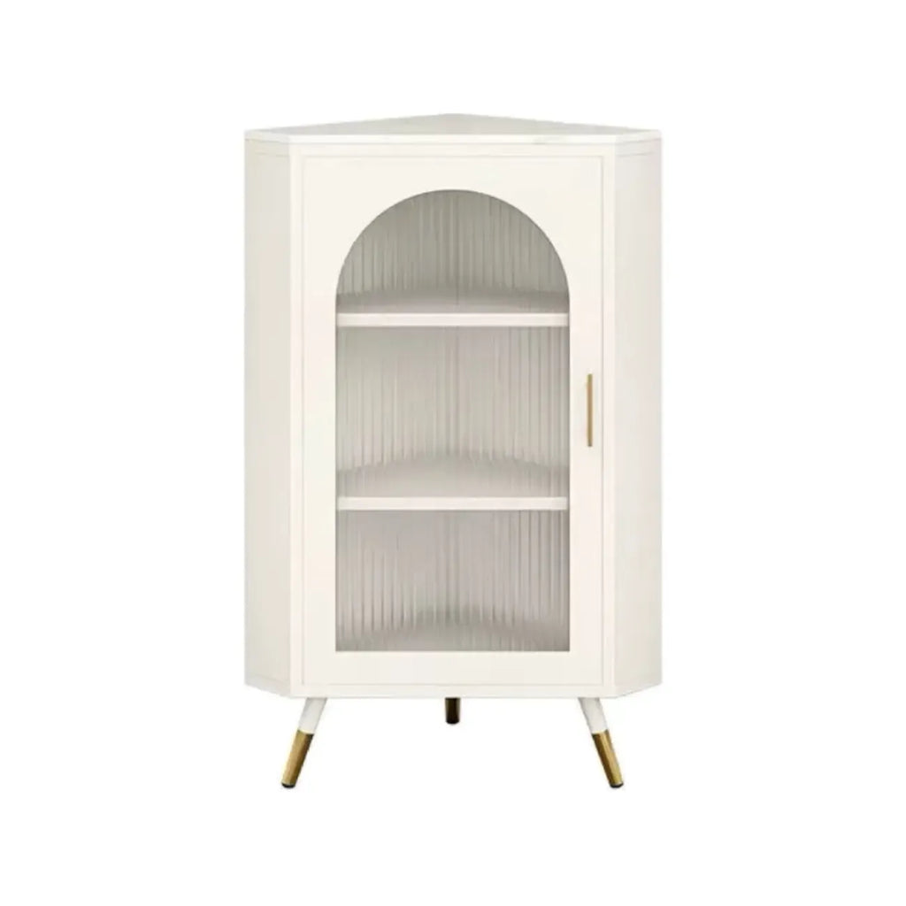 Élégant meuble d'angle en verre avec plateau en faux marbre blanc et noir.