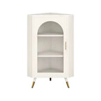 Élégant meuble d'angle en verre avec plateau en faux marbre blanc et noir.