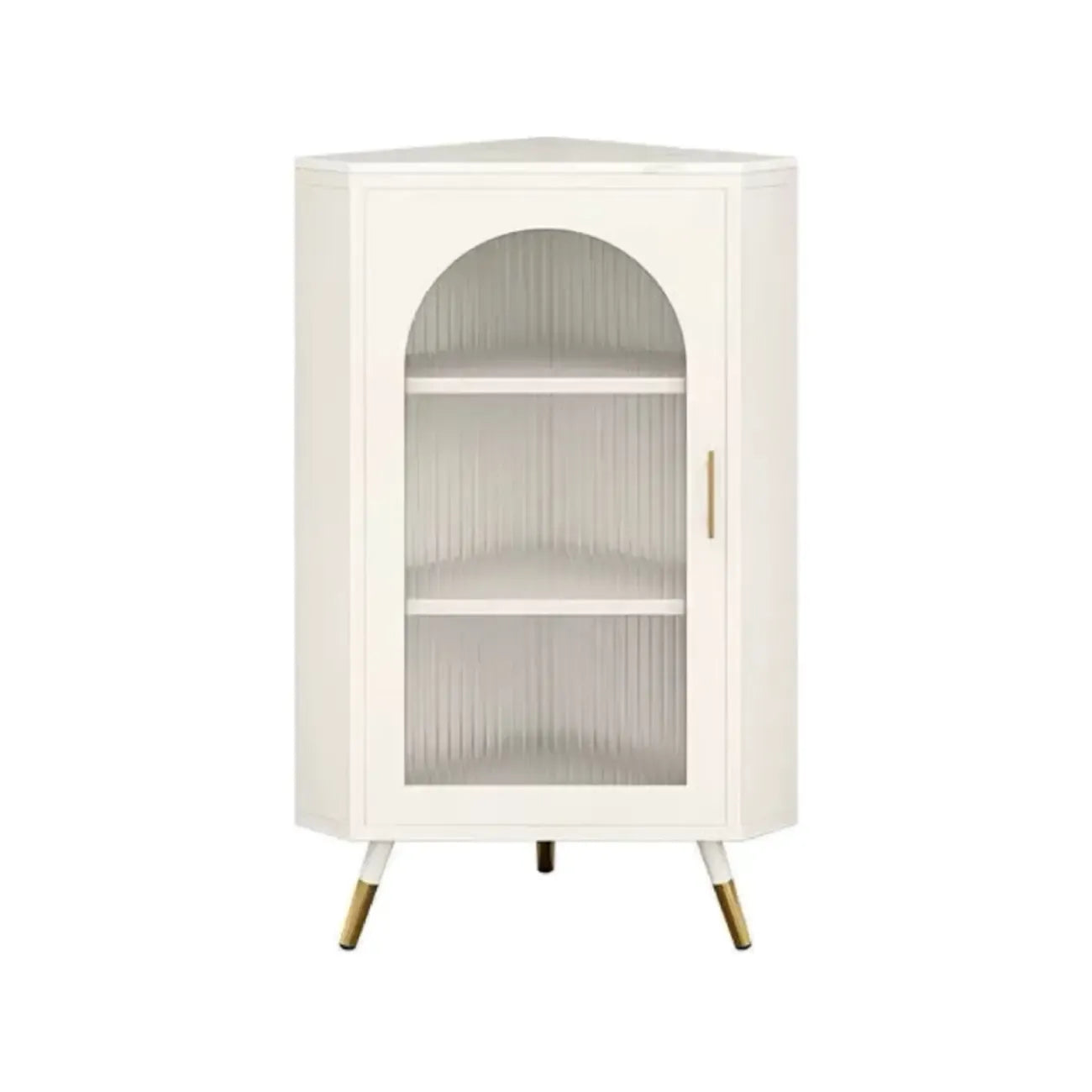 Élégant meuble d'angle en verre avec plateau en faux marbre blanc et noir.