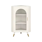 Élégant meuble d'angle en verre avec plateau en faux marbre blanc et noir.