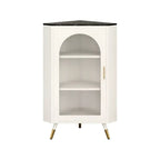 Élégant meuble d'angle en verre avec plateau en faux marbre blanc et noir.