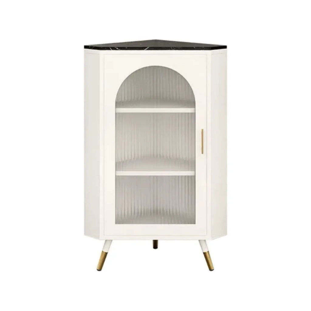 Élégant meuble d'angle en verre avec plateau en faux marbre blanc et noir.