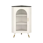 Élégant meuble d'angle en verre avec plateau en faux marbre blanc et noir.