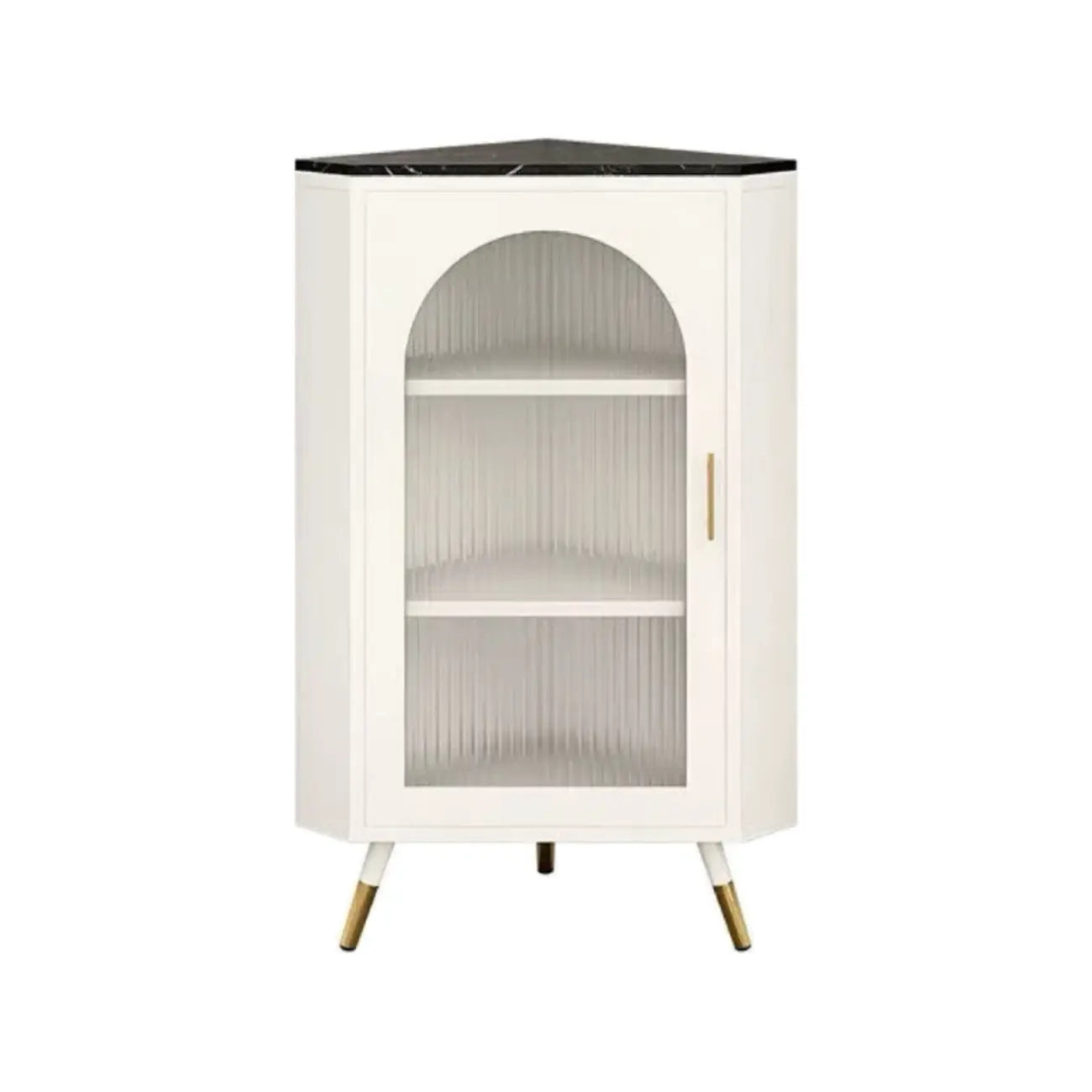Élégant meuble d'angle en verre avec plateau en faux marbre blanc et noir.