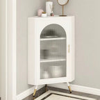 Élégant meuble d'angle en verre avec plateau en faux marbre blanc et noir.