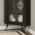 Élégant meuble d'angle en verre avec plateau en faux marbre blanc et noir.