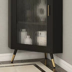 Élégant meuble d'angle en verre avec plateau en faux marbre blanc et noir.