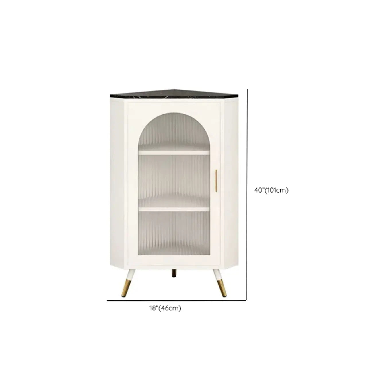 Élégant meuble d'angle en verre avec plateau en faux marbre blanc et noir.