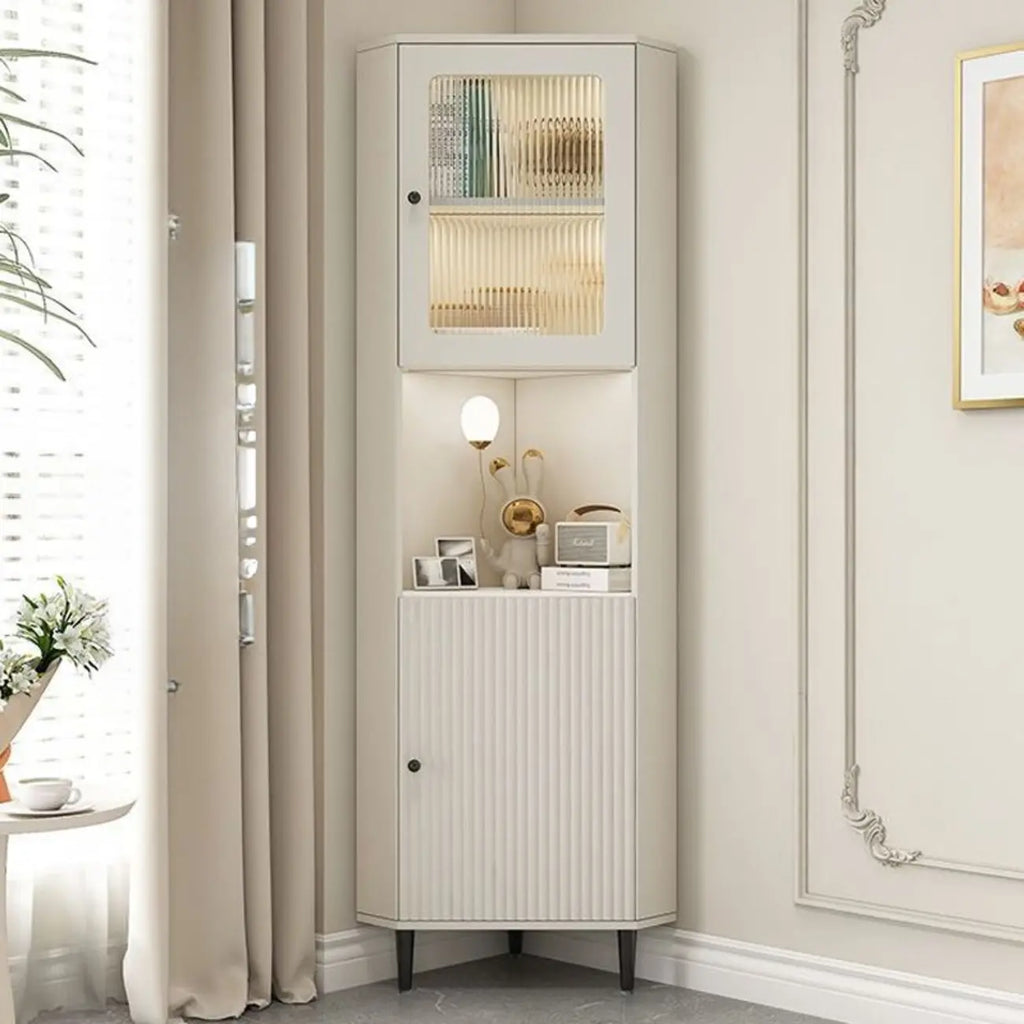 Meuble d'angle utilitaire moderne en bois beige doré avec éclairage intégré