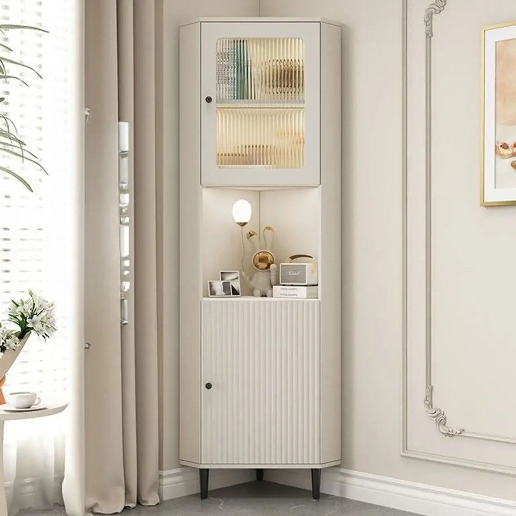 Meuble d'angle utilitaire moderne en bois beige doré avec éclairage intégré