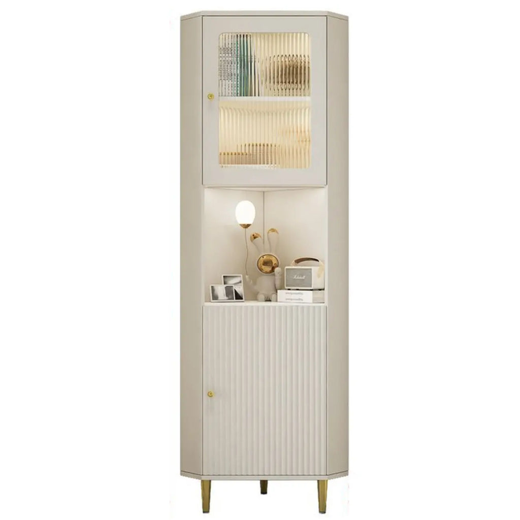 Meuble d'angle utilitaire moderne en bois beige doré avec éclairage intégré