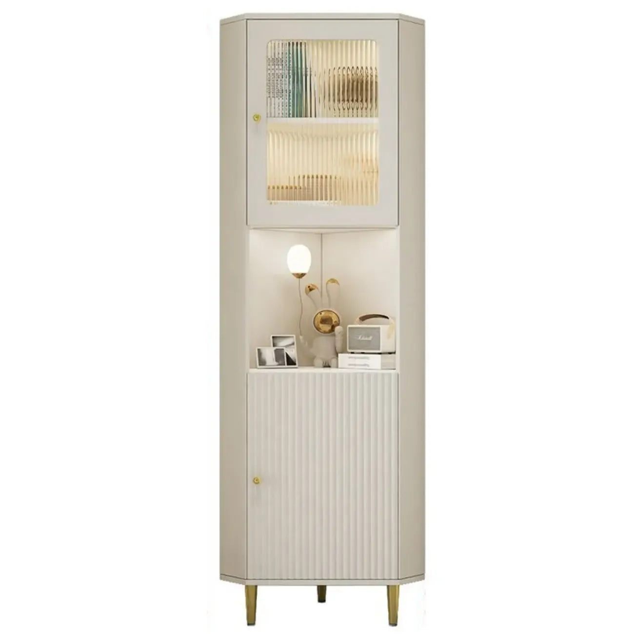 Meuble d'angle utilitaire moderne en bois beige doré avec éclairage intégré
