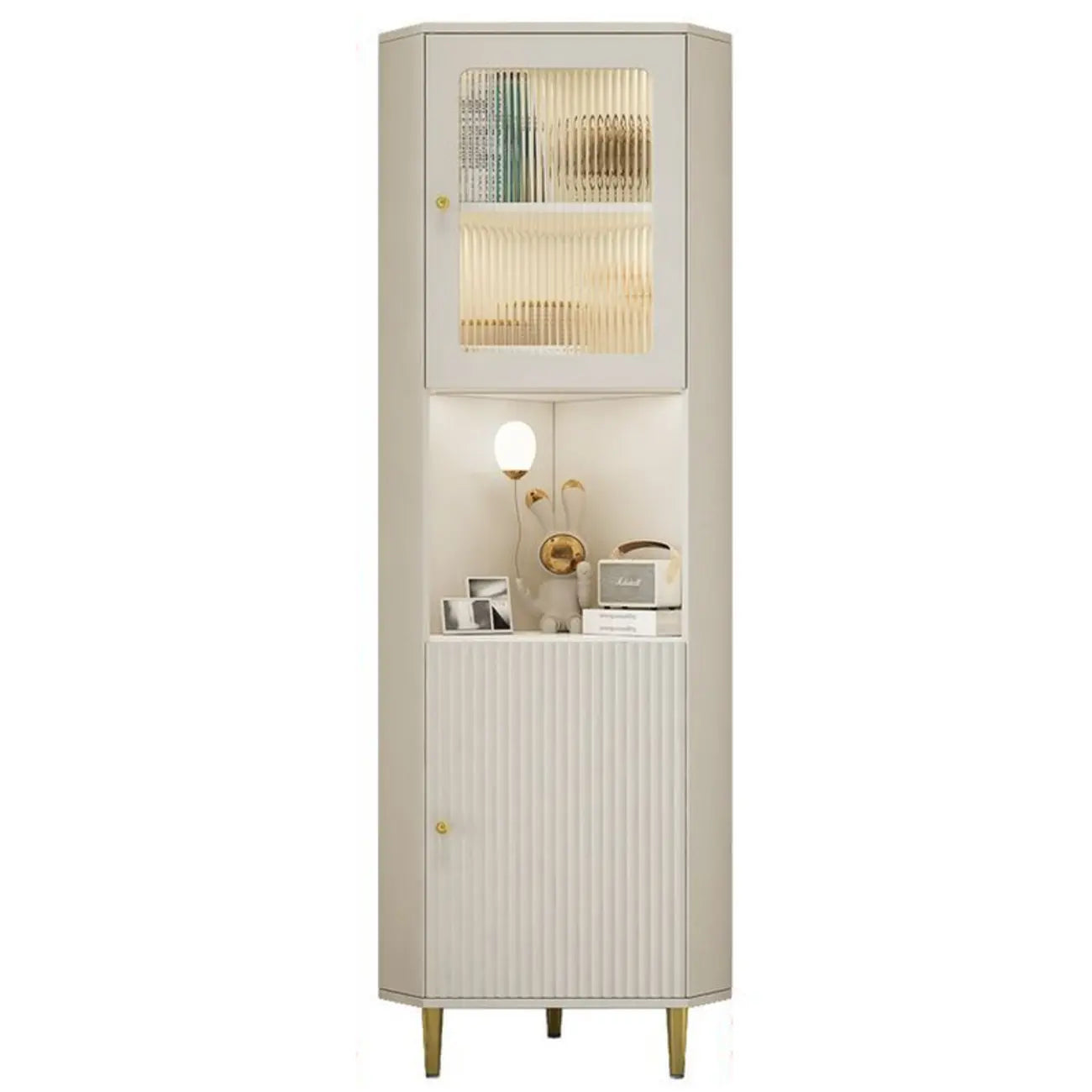 Meuble d'angle utilitaire moderne en bois beige doré avec éclairage intégré
