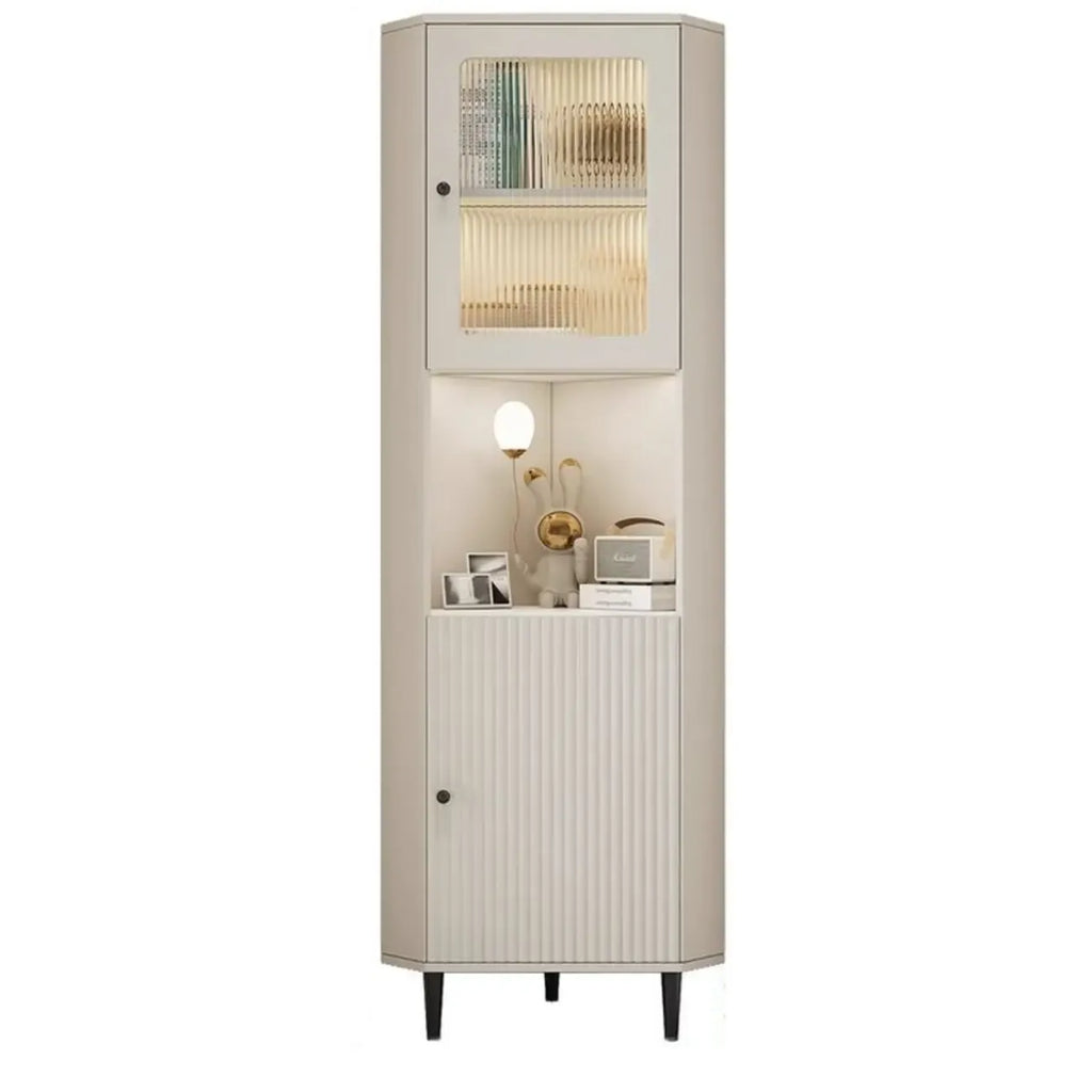 Meuble d'angle utilitaire moderne en bois beige doré avec éclairage intégré