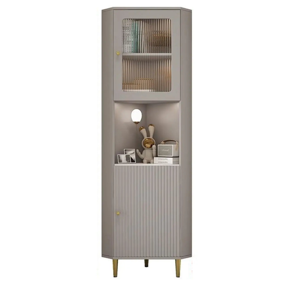 Meuble d'angle utilitaire moderne en bois beige doré avec éclairage intégré