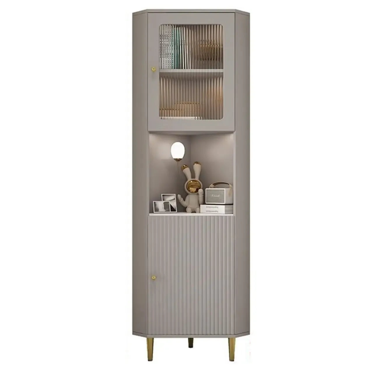 Meuble d'angle utilitaire moderne en bois beige doré avec éclairage intégré