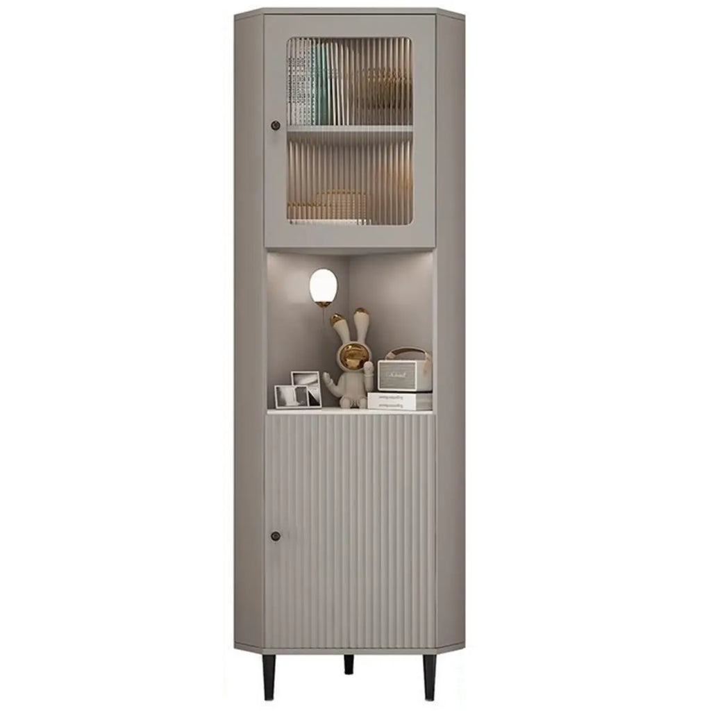 Meuble d'angle utilitaire moderne en bois beige doré avec éclairage intégré