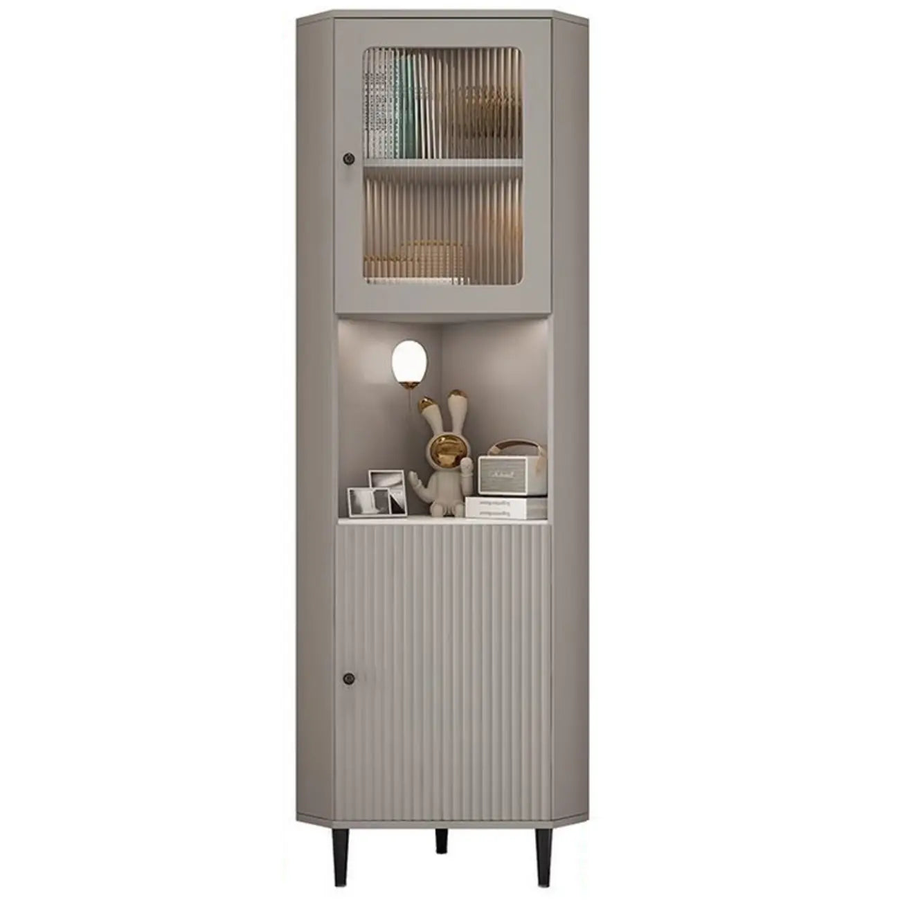 Meuble d'angle utilitaire moderne en bois beige doré avec éclairage intégré