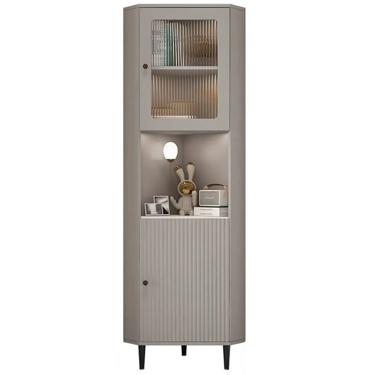 Meuble d'angle utilitaire moderne en bois beige doré avec éclairage intégré
