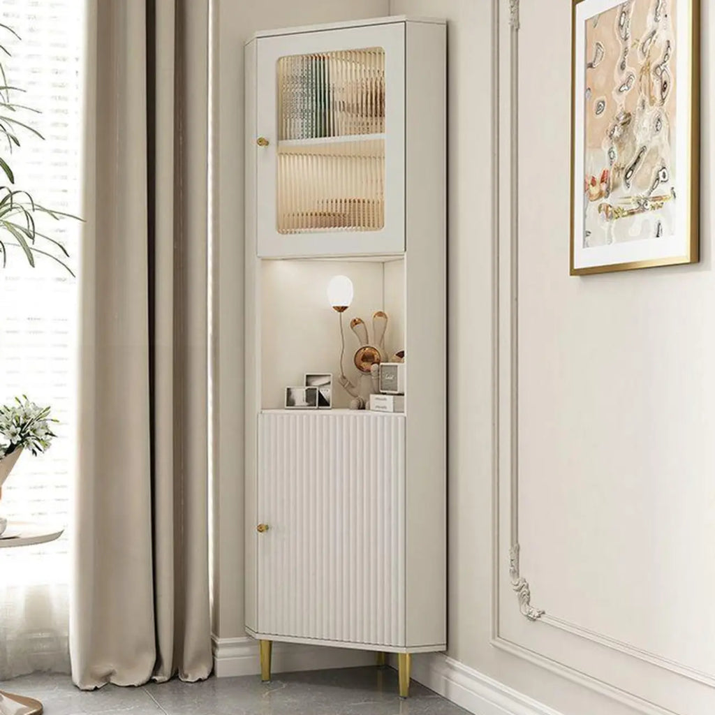 Meuble d'angle utilitaire moderne en bois beige doré avec éclairage intégré