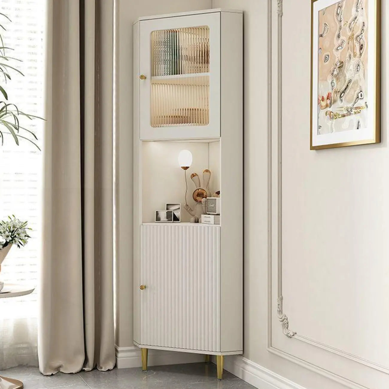 Meuble d'angle utilitaire moderne en bois beige doré avec éclairage intégré