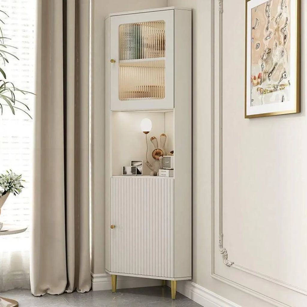 Meuble d'angle utilitaire moderne en bois beige doré avec éclairage intégré