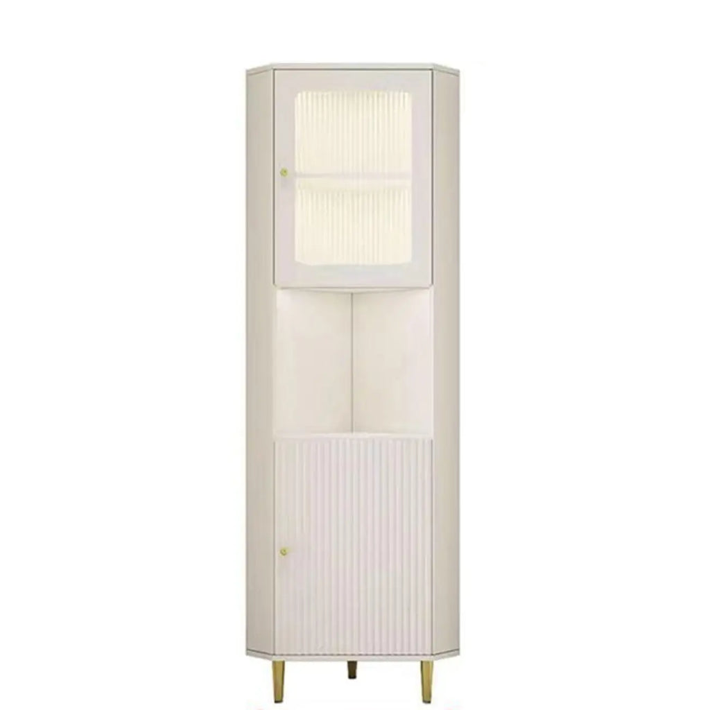Meuble d'angle utilitaire moderne en bois beige doré avec éclairage intégré