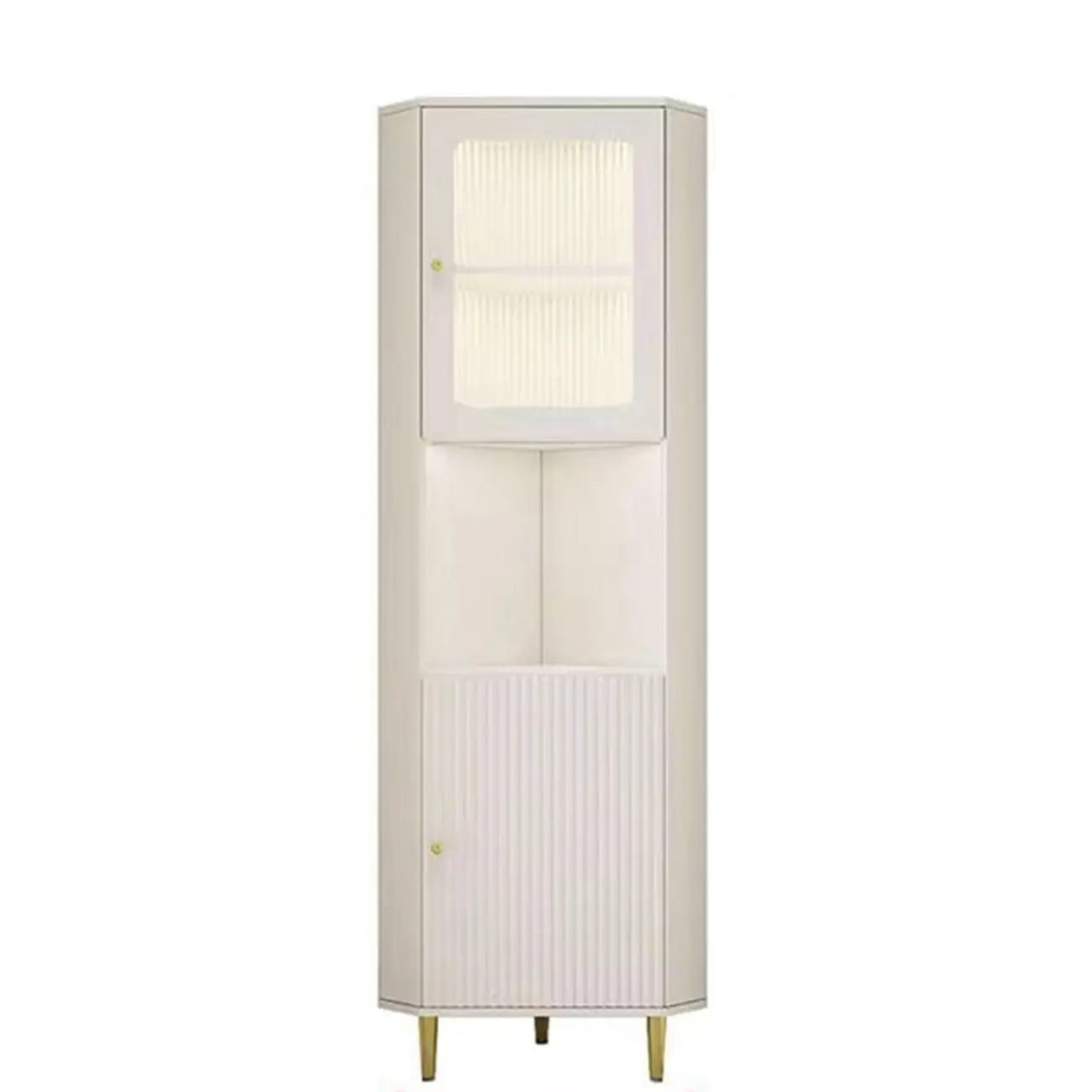 Meuble d'angle utilitaire moderne en bois beige doré avec éclairage intégré