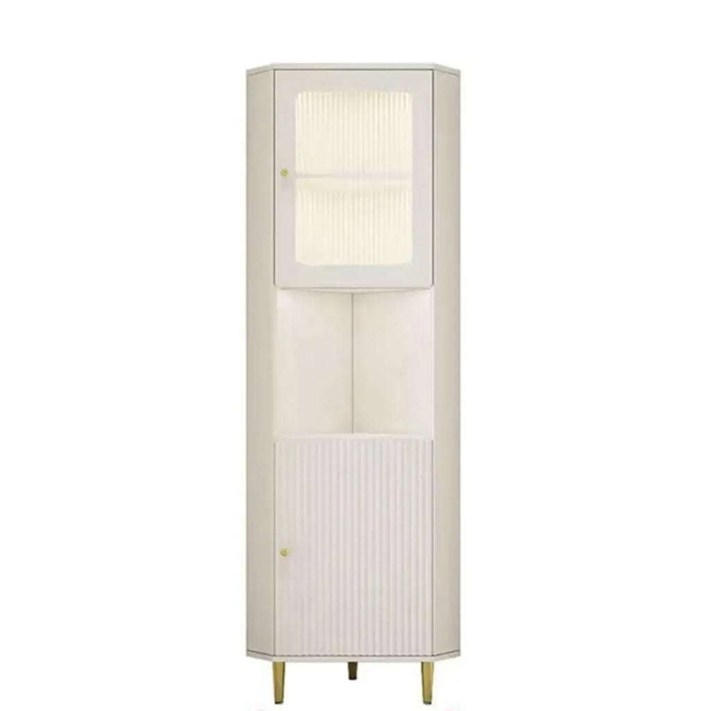 Meuble d'angle utilitaire moderne en bois beige doré avec éclairage intégré