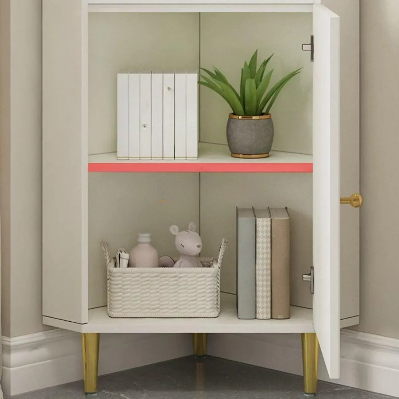 Meuble d'angle utilitaire moderne en bois beige doré avec éclairage intégré