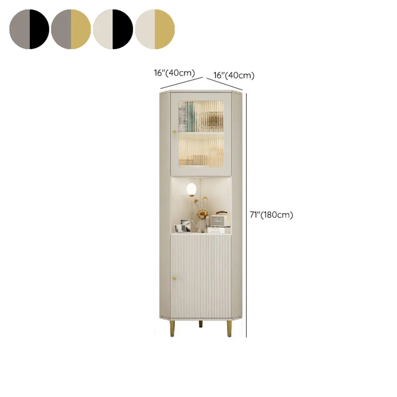 Meuble d'angle utilitaire moderne en bois beige doré avec éclairage intégré